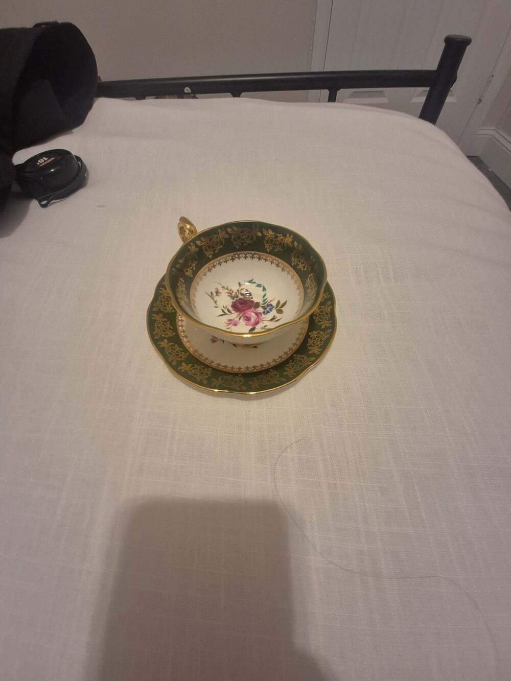 Rosina Fine Bone China Green and Gold Floral Teacup and Saucer Set